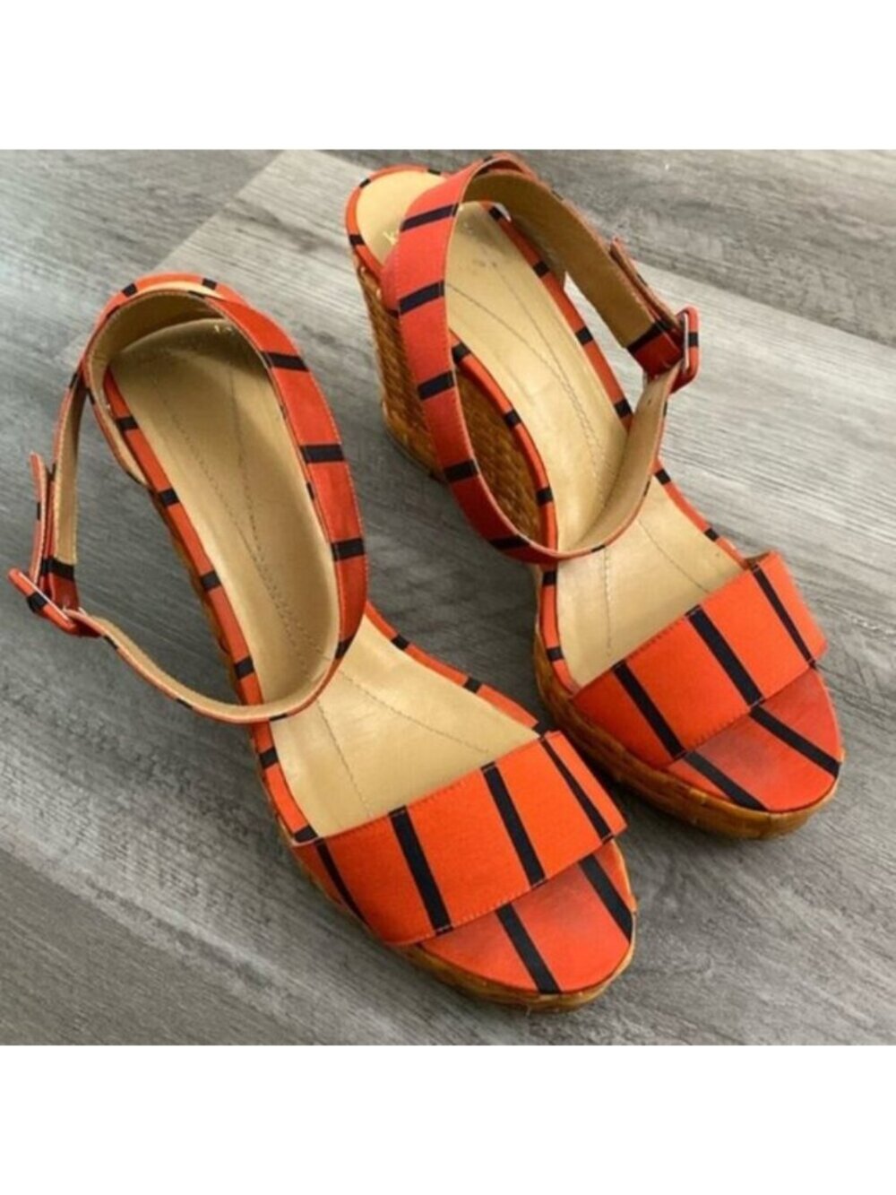 Kate Spade Cabana Wedge Wicker Heels Grosgrain Ribbon Red Blue Buckle Spain 10